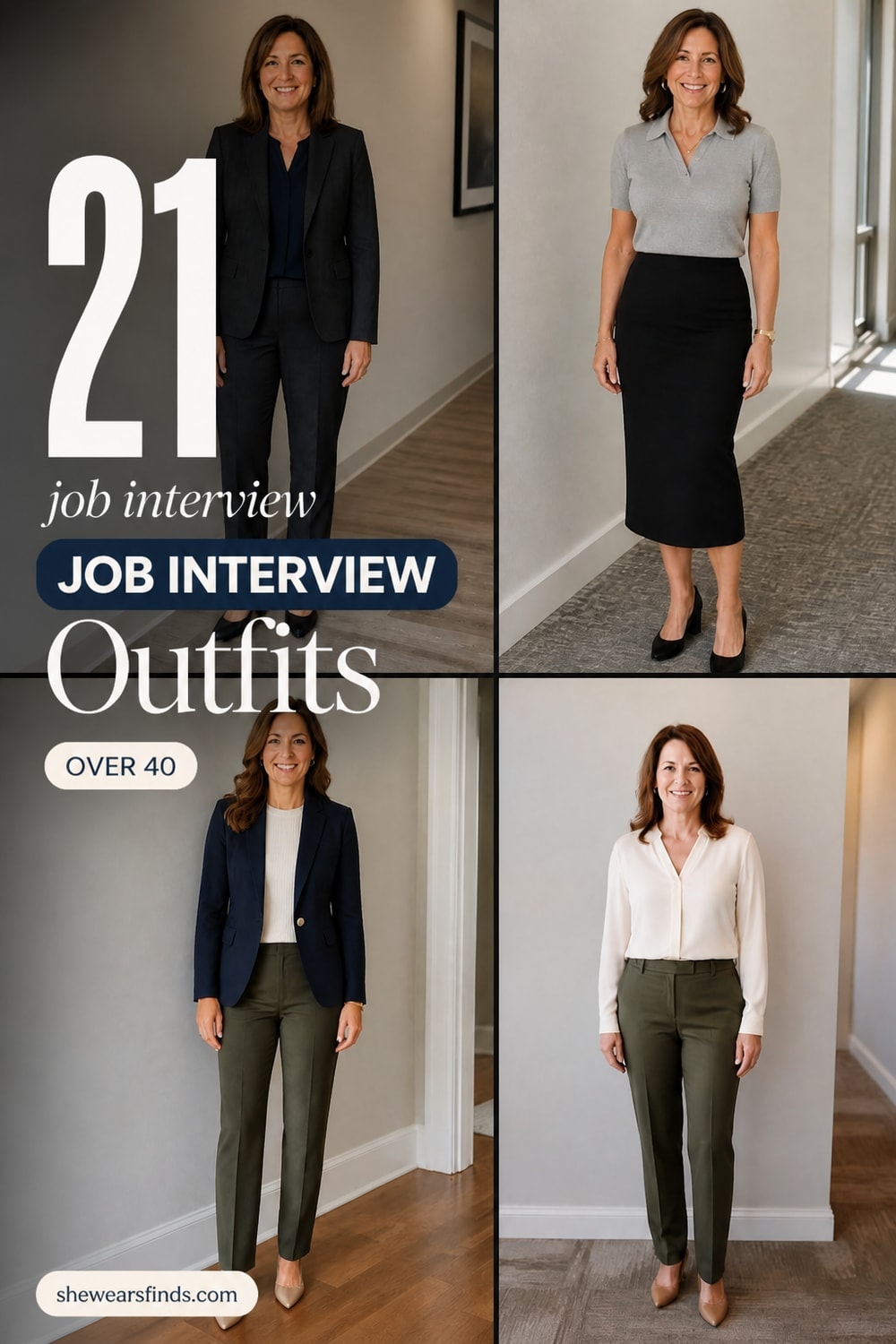 A collage of 21 polished job interview outfits for women over 40 featuring tailored blazers, trousers, midi skirts, and dresses in neutral and jewel tones.