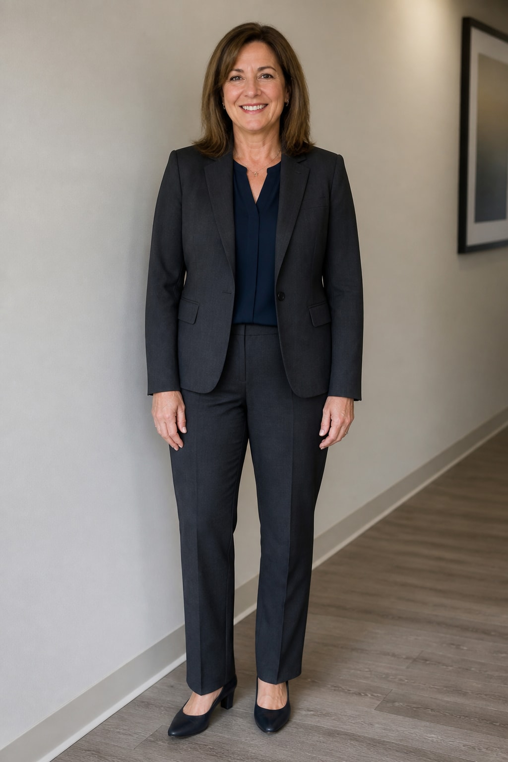 Charcoal Pantsuit with Soft Blouse
