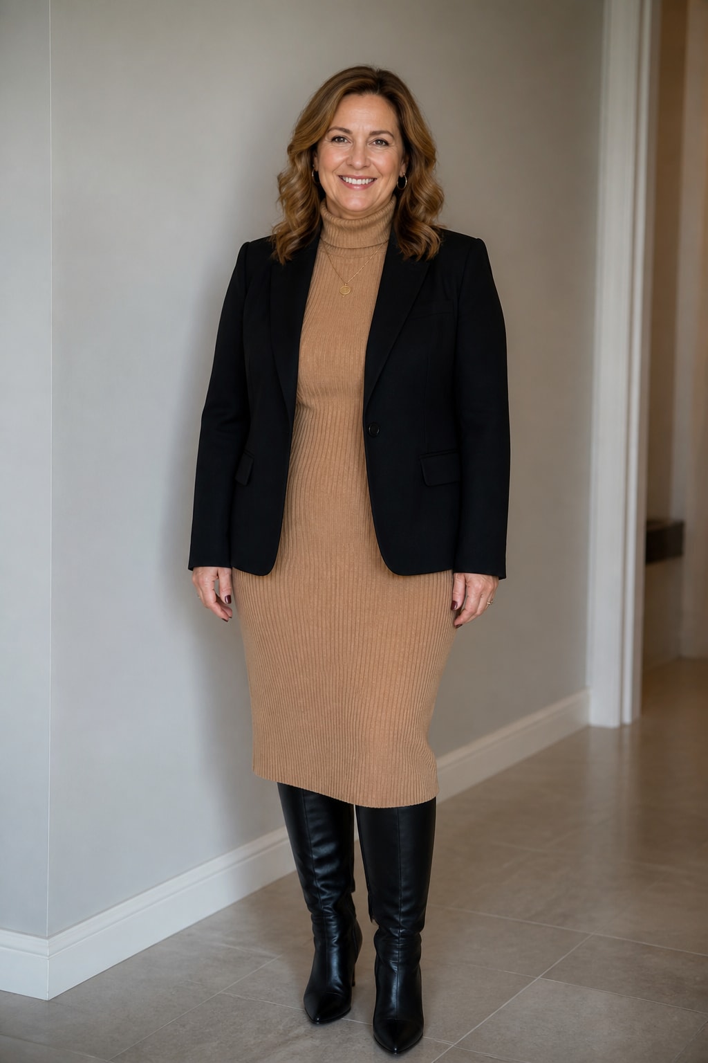 Black Blazer, Knit Dress, and Boots