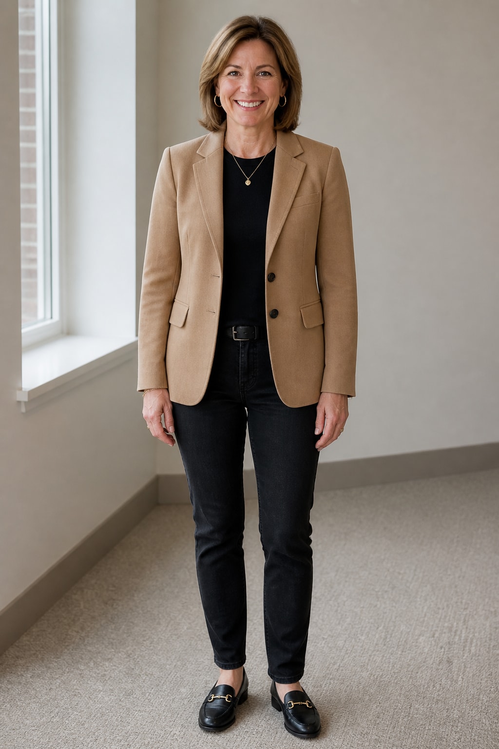 Soft Blazer Over Crewneck and Dark Jeans