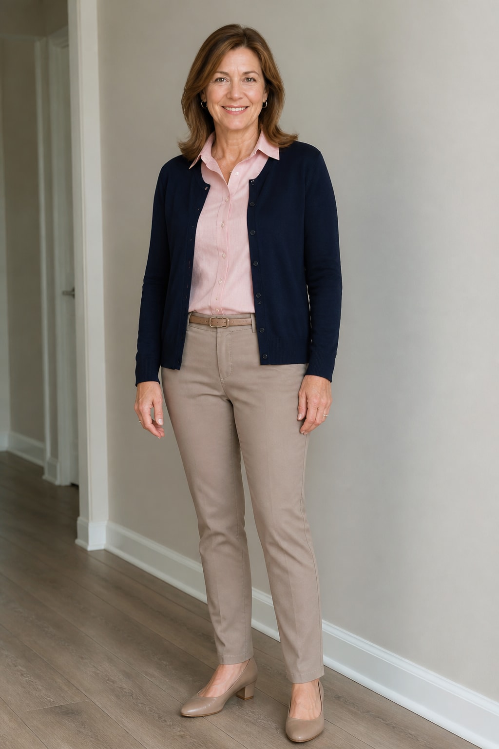 Navy Cardigan Over Collared Shirt and Chinos