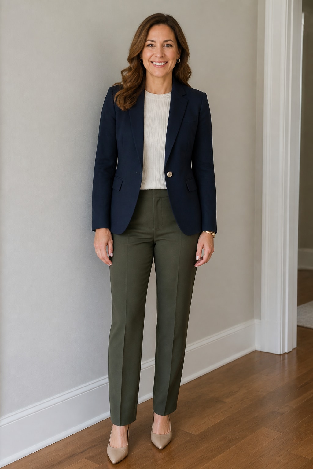 Structured Navy Blazer, Cream Knit, and Straight Trousers