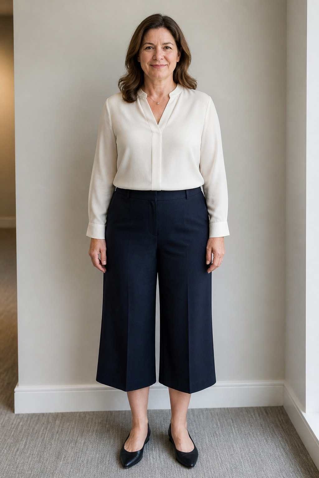 Ivory Blouse, Navy Culottes, and Flats
