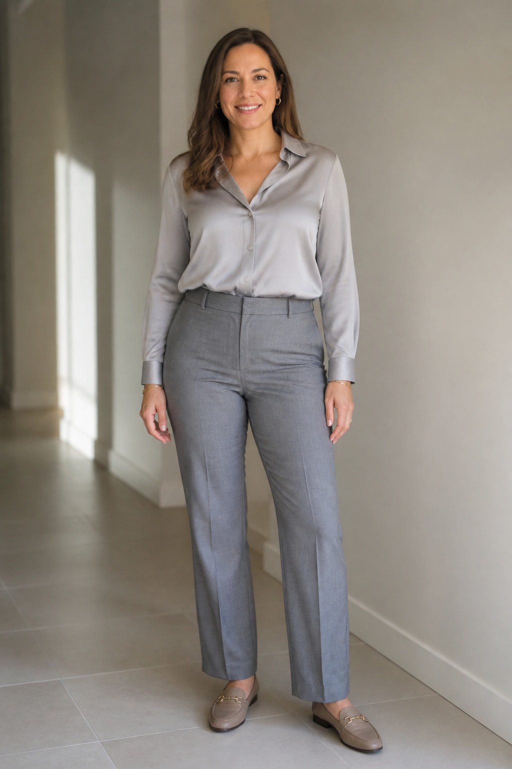 Grey Trousers, Tucked Silk Blouse, and Loafers