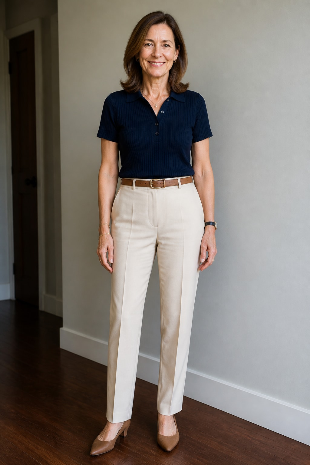 Cream Trousers and Navy Knit Polo