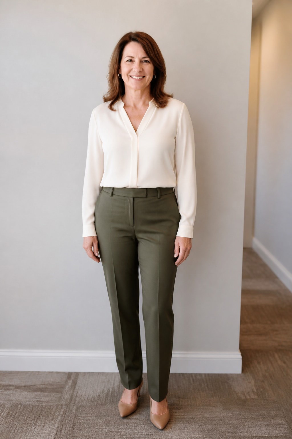 Olive Trousers and Cream Blouse