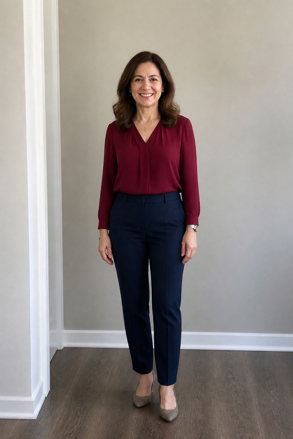 Burgundy Blouse and Navy Trousers