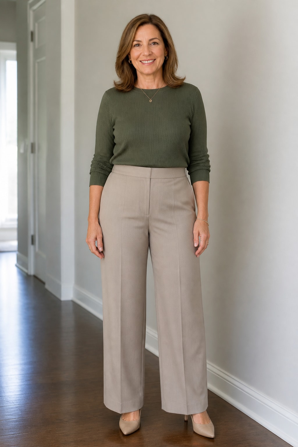 Taupe Wide-Leg Pants and Tucked Knit
