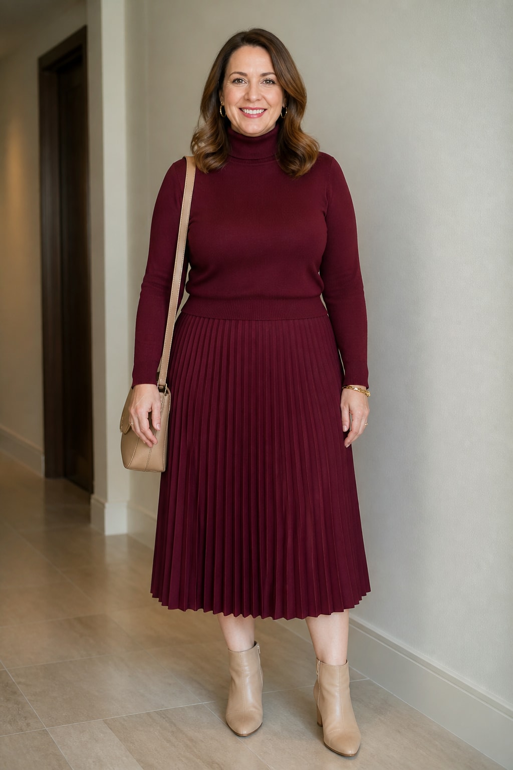 Pleated Midi, Turtleneck, and Ankle Boots