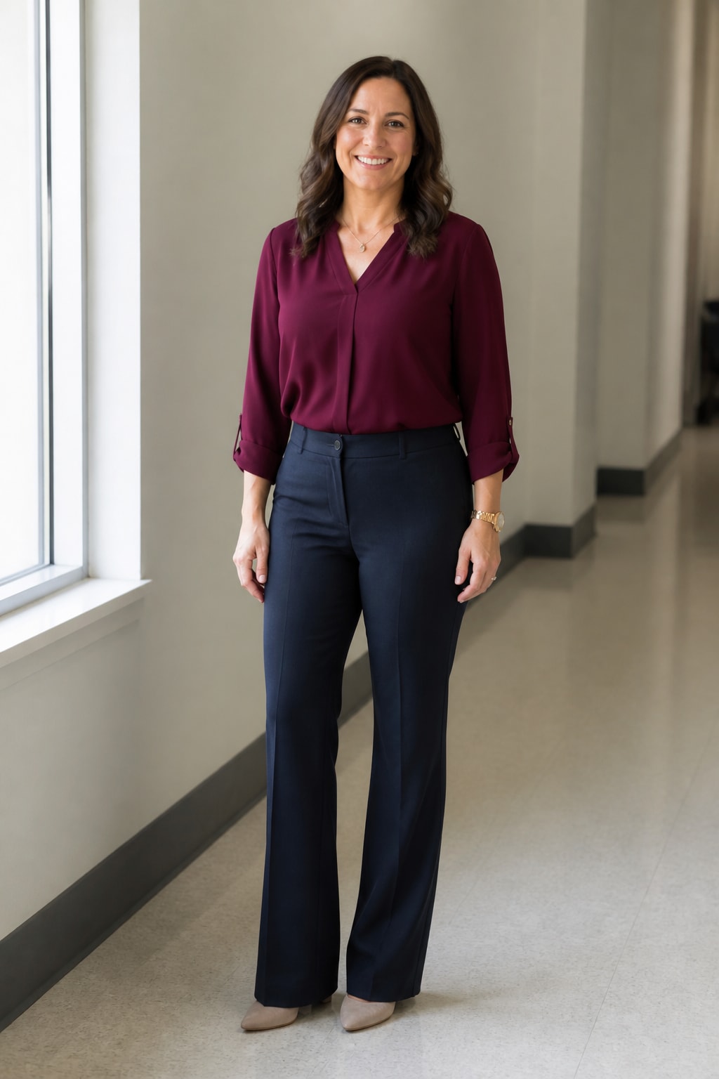 Burgundy Blouse and Navy Trousers