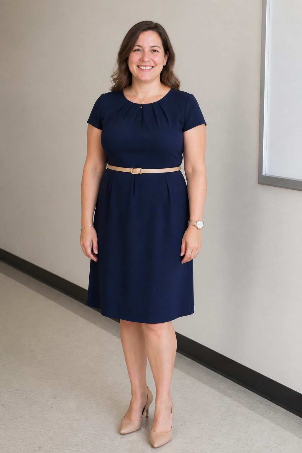 Navy Dress with Belt and Pumps