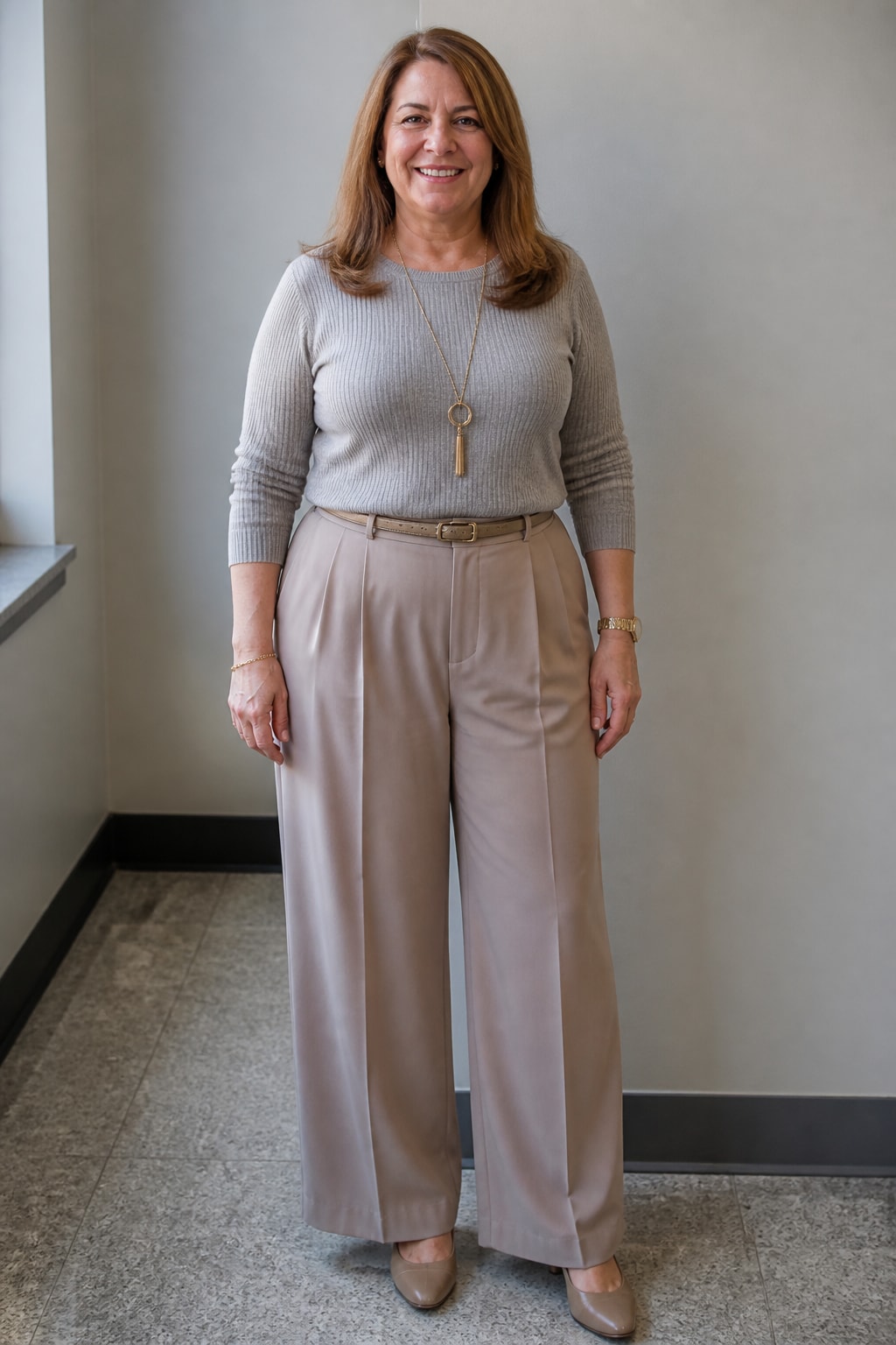 Taupe Wide-Leg Pants and Knit