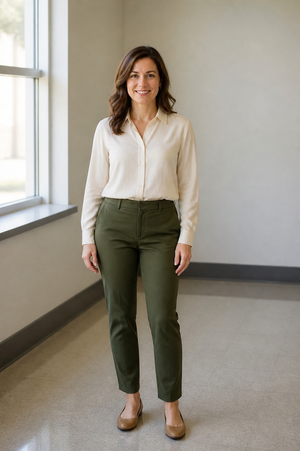 Olive Trousers and Cream Blouse