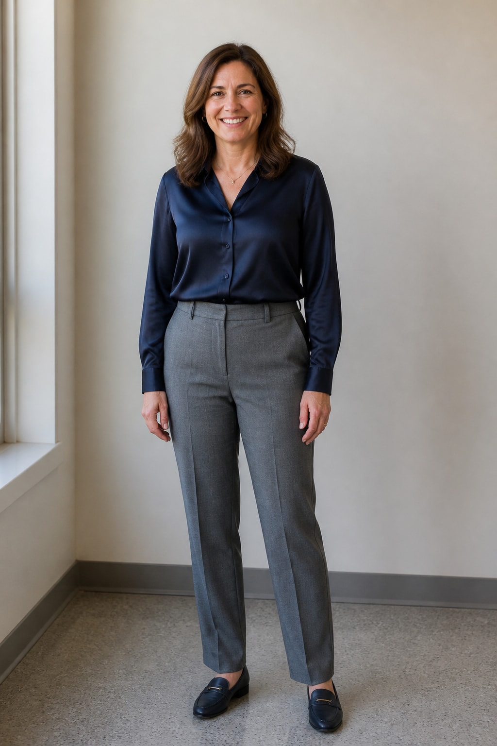 Grey Trousers and Silk Blouse
