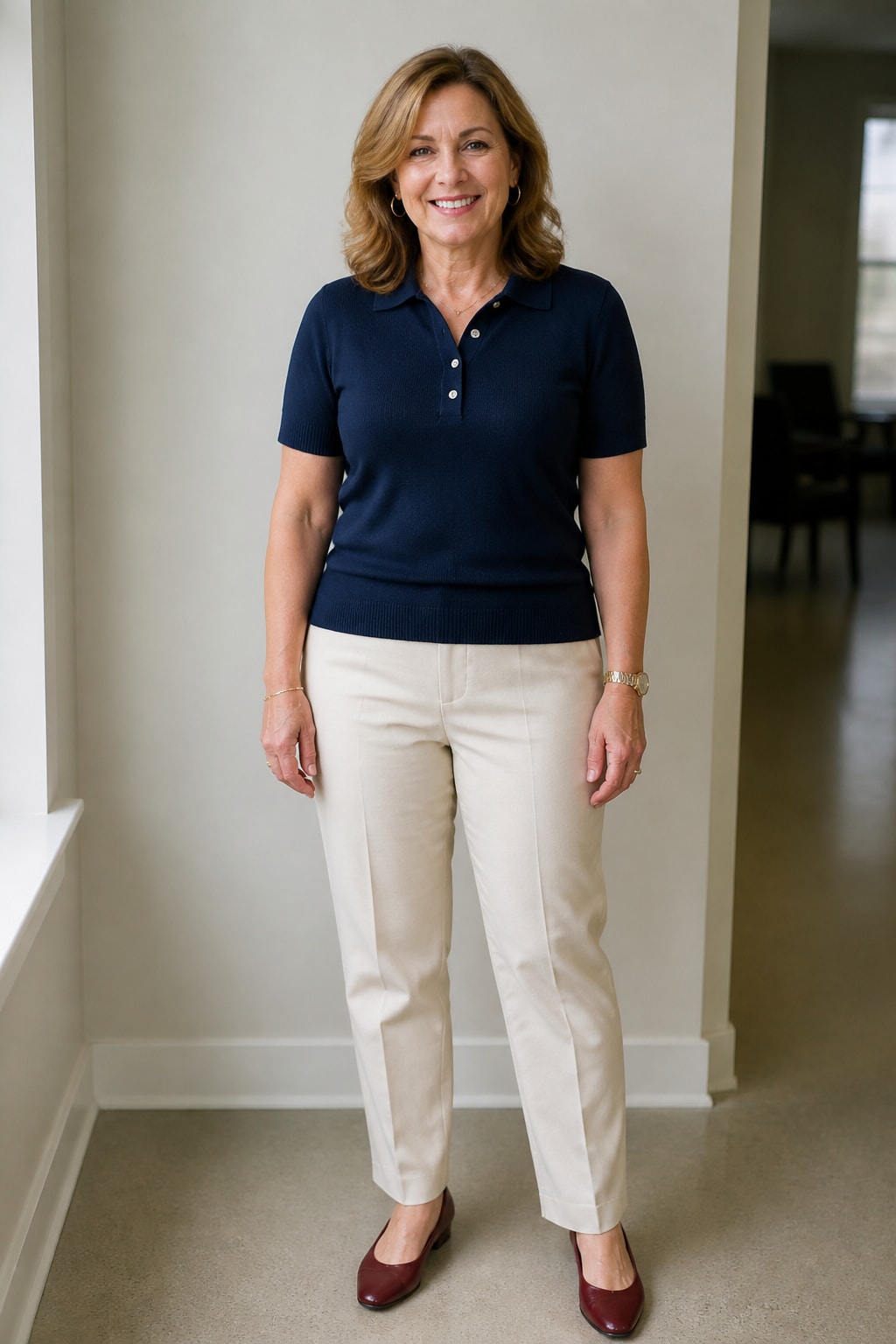 Cream Trousers and Navy Polo