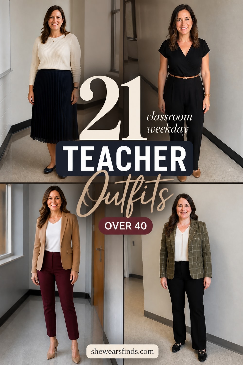 Collage of 21 polished teacher outfits for women over 40 featuring blazers, midi skirts, trousers, and knit dresses in neutral tones.