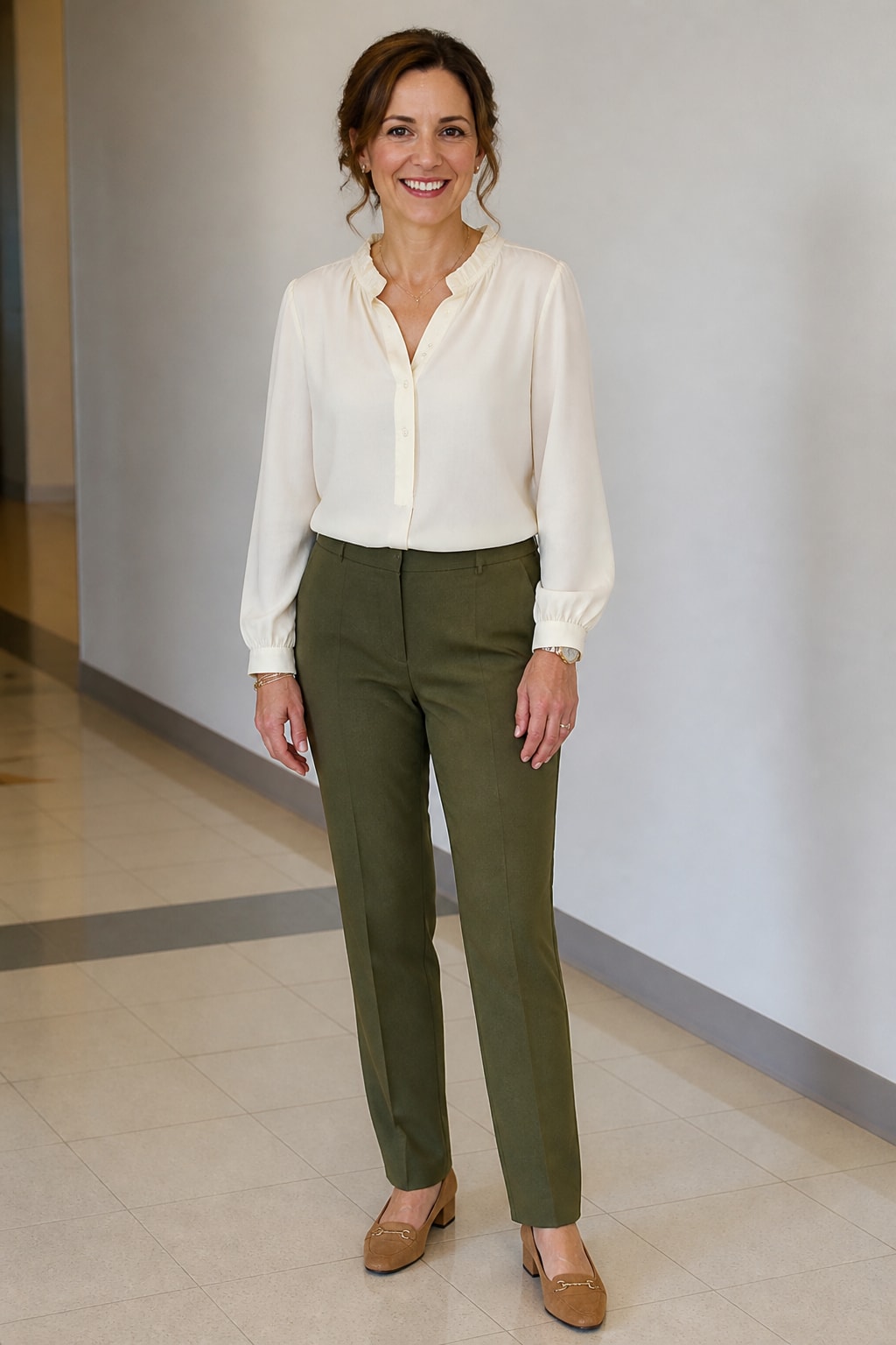 Olive Trousers and Cream Blouse
