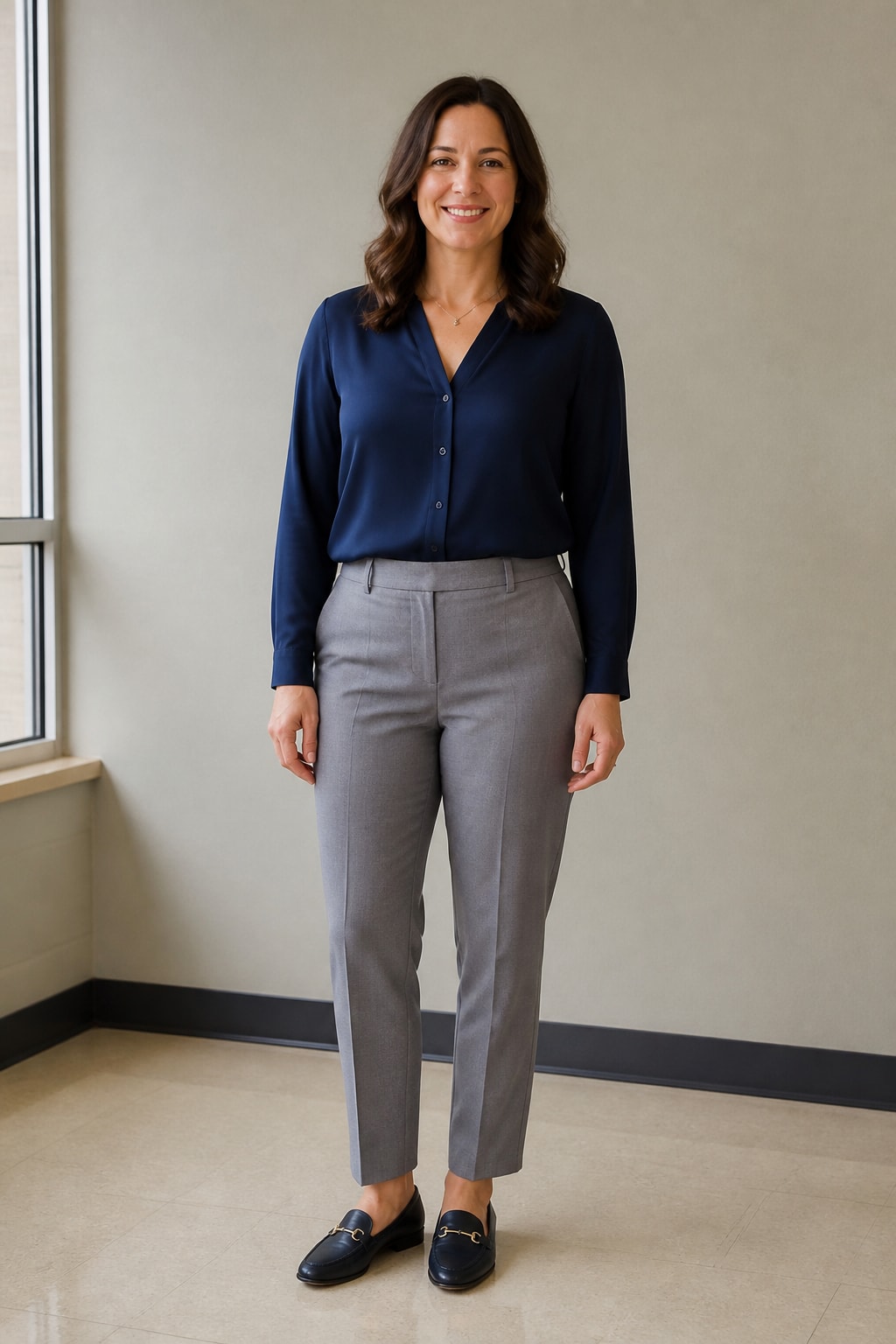 Grey Trousers and Silk Blouse