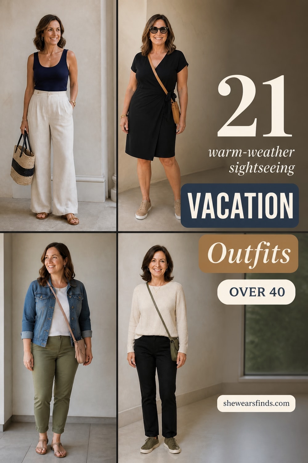 A collage of 21 polished vacation outfits for women over 40 featuring linen pants, knit dresses, blazers, and sneakers for warm-weather sightseeing.