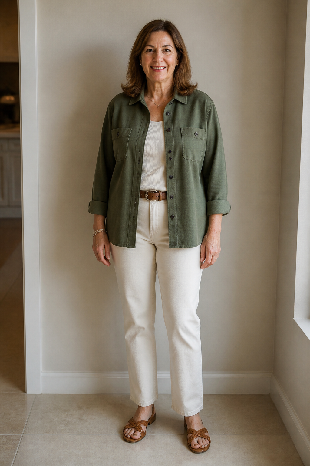 Olive Shacket and Straight Jeans