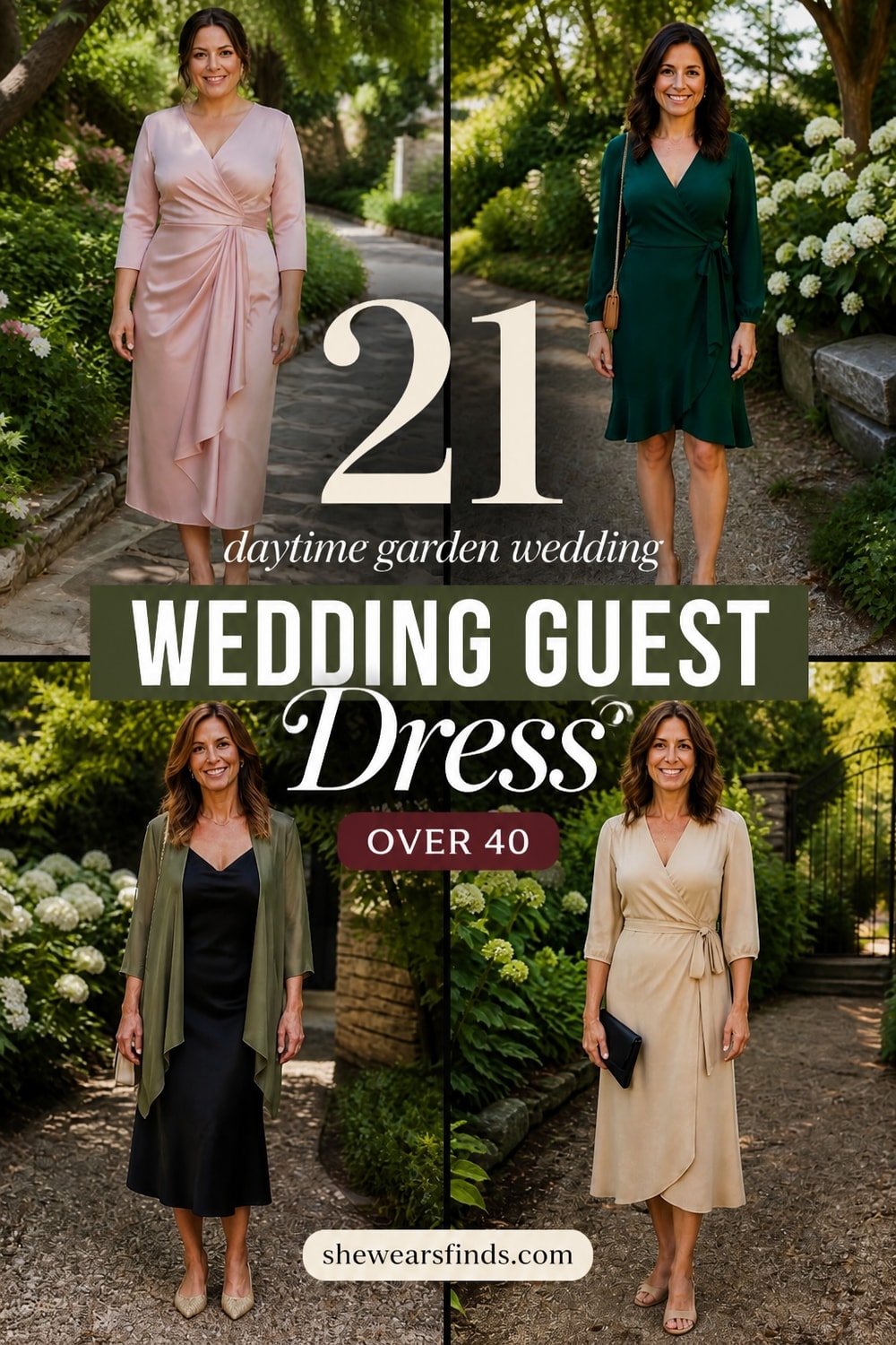 Grid of 21 wedding guest dresses and outfits for women over 40 attending a daytime garden wedding.