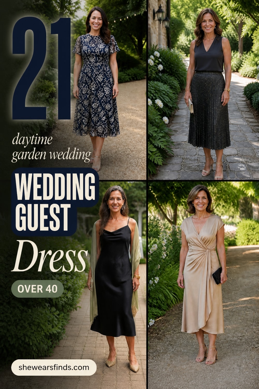 Collage of 21 wedding guest dresses for women over 40 attending a daytime garden wedding.