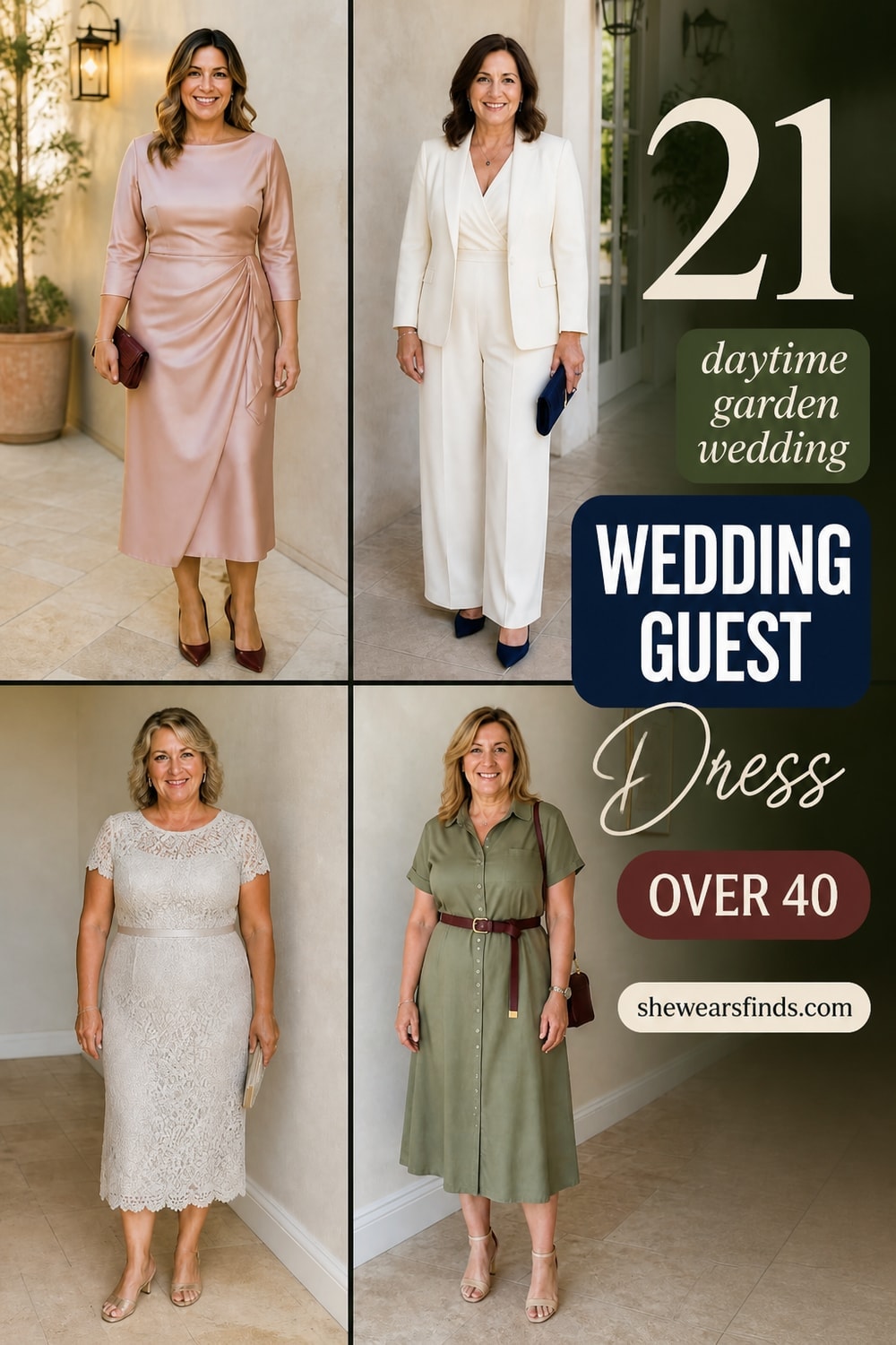 Collage of 21 wedding guest dresses styled for a daytime garden wedding, featuring midi dresses, jumpsuits, and tea-length styles in soft florals and jewel tones.