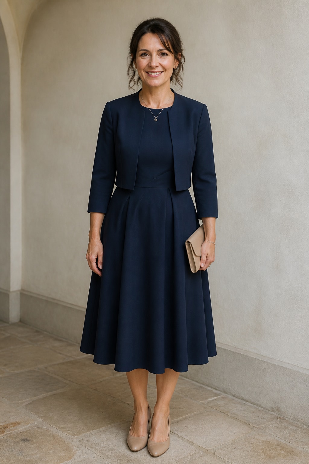 Navy Crepe Tea-Length Dress