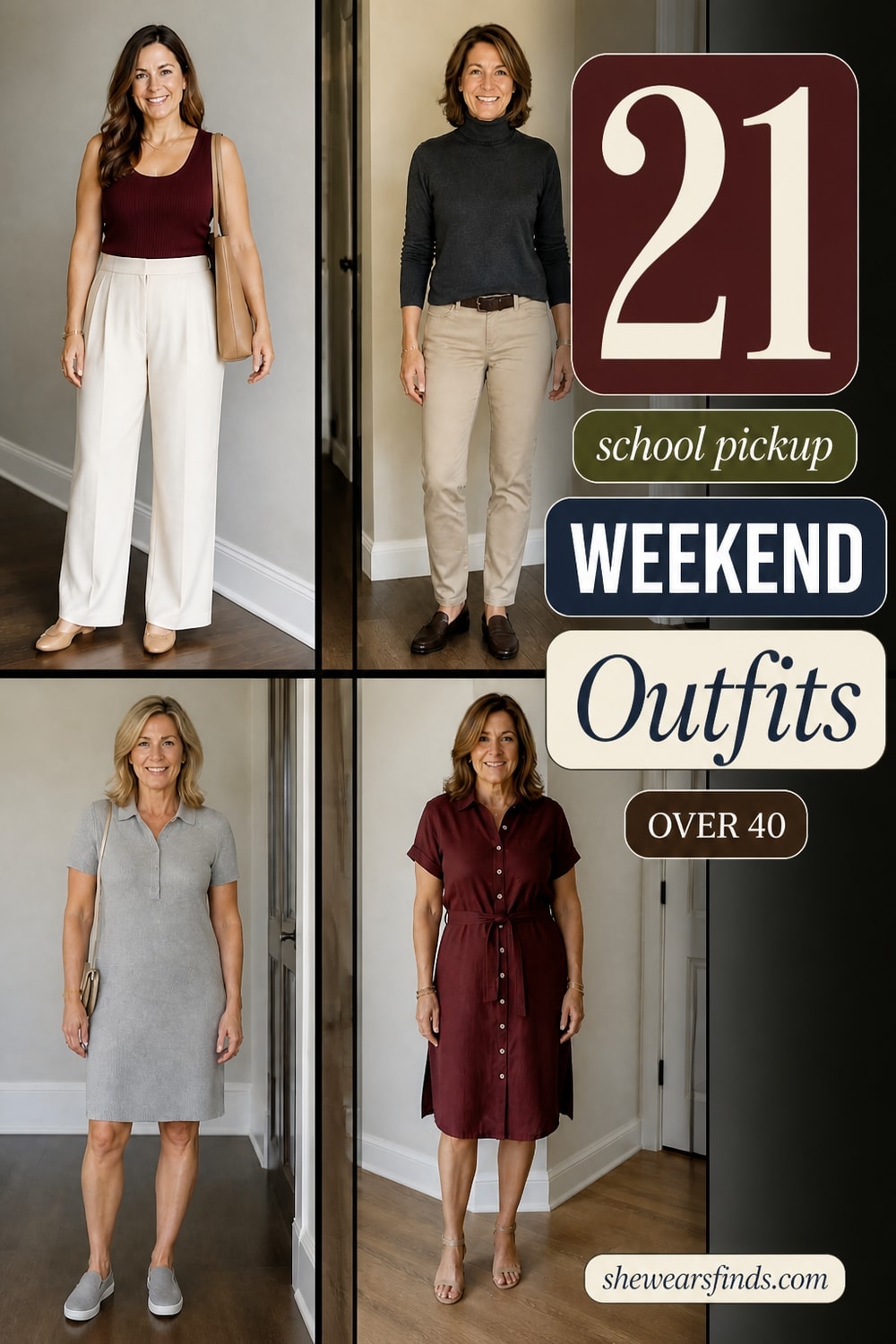 Collage of 21 weekend outfit combinations for women over 40 featuring jeans, midi skirts, dresses, and casual separates in neutral and classic color palettes.