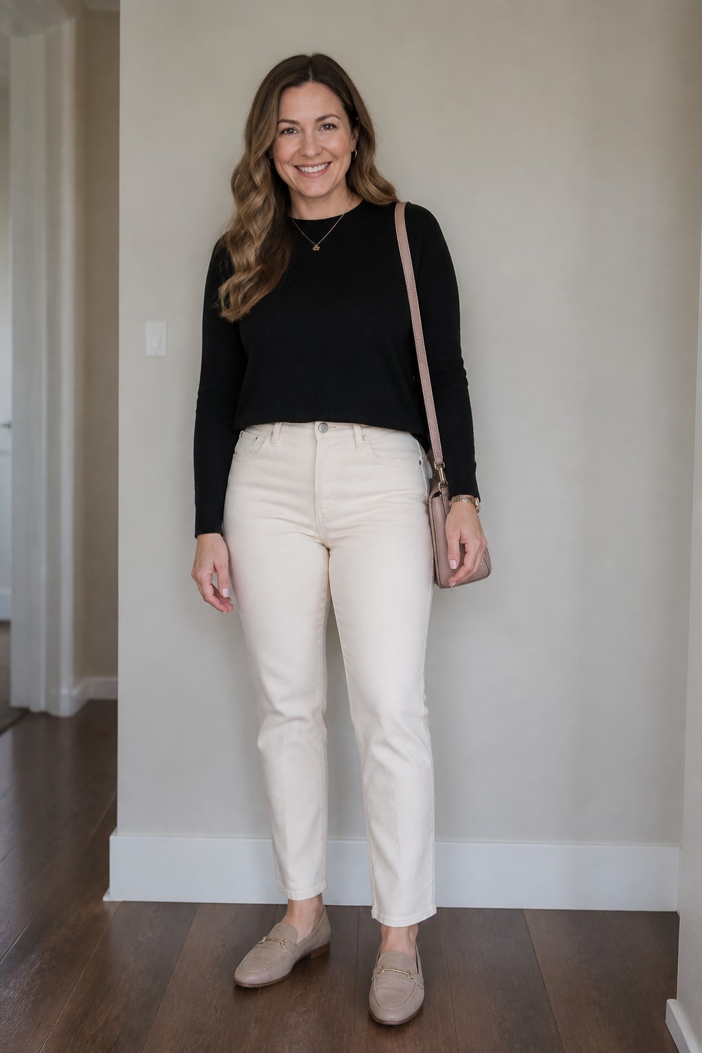 Ecru Jeans and Black Knit