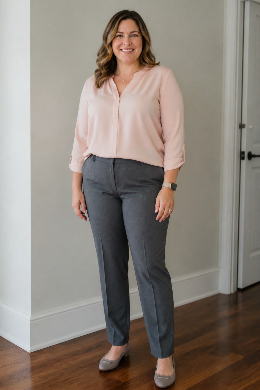 Grey Trousers and Blush Blouse
