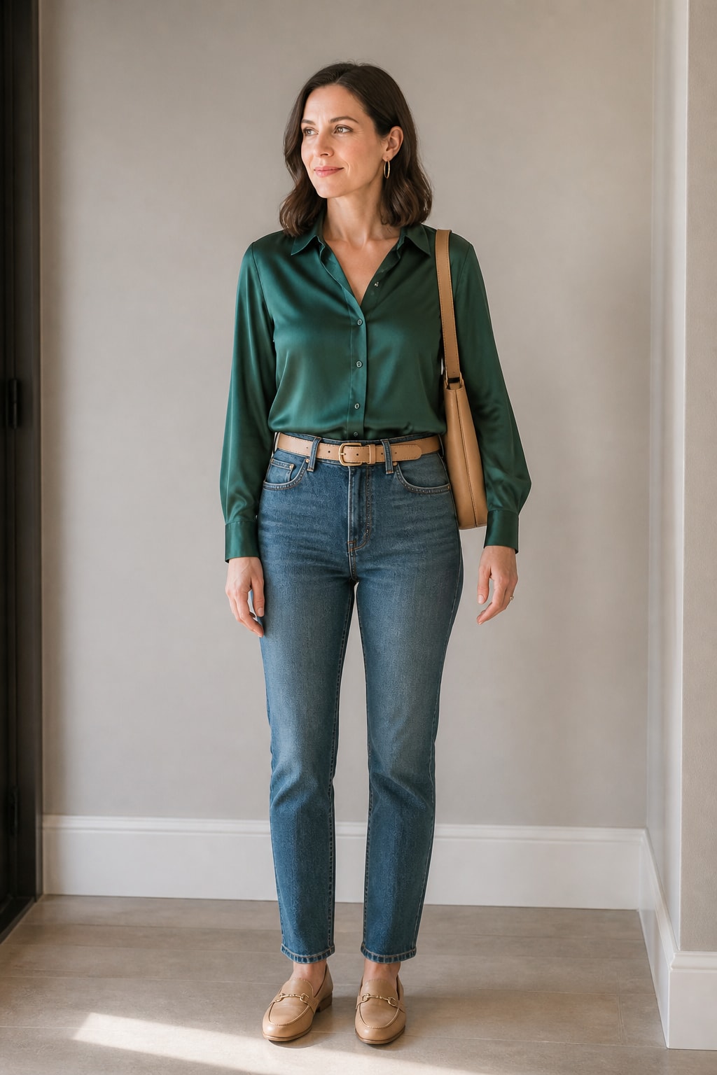 Straight Jeans and Silk Blouse