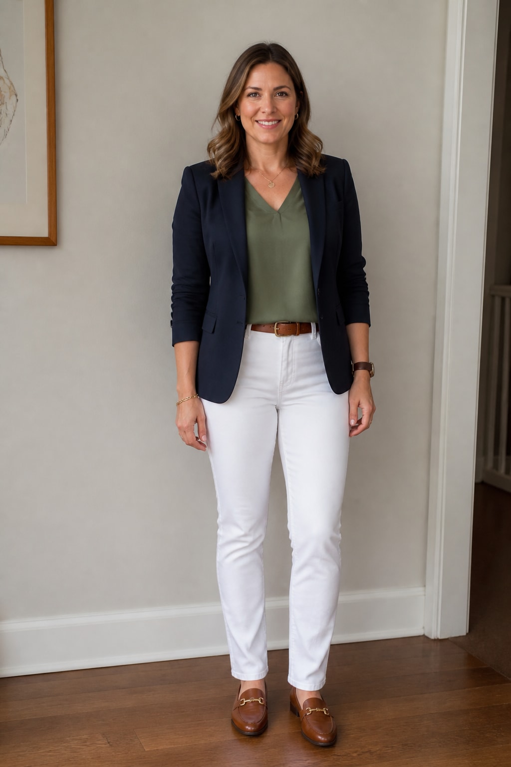 White Jeans and Navy Blazer