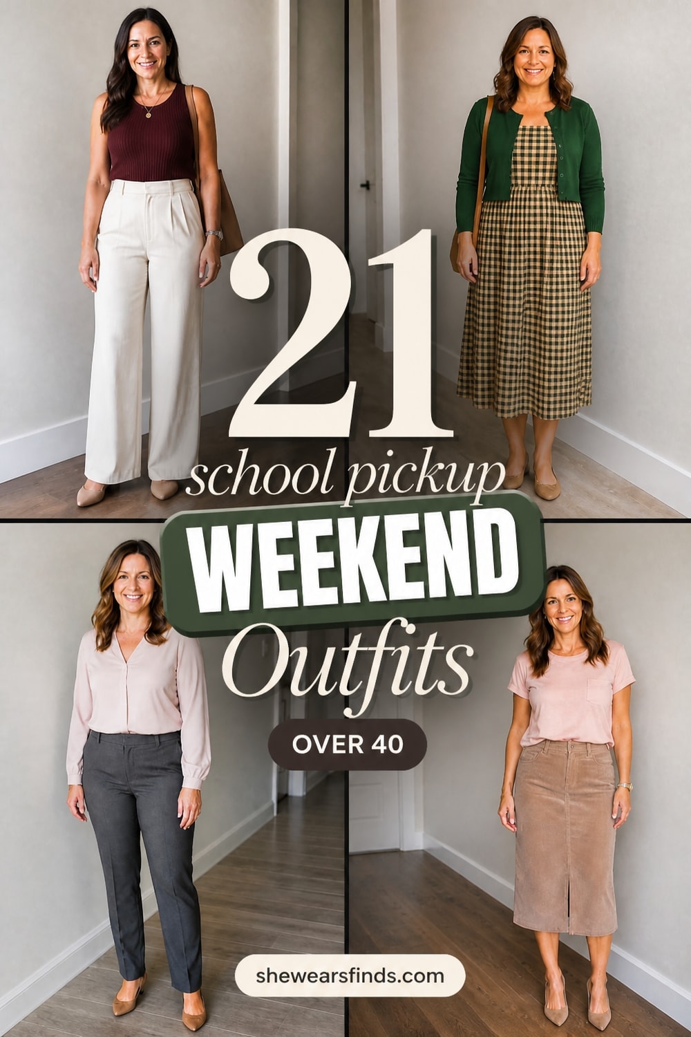 A collage of 21 weekend outfit ideas for women over 40 featuring jeans, midi skirts, trousers, and dresses in neutral and classic color palettes.