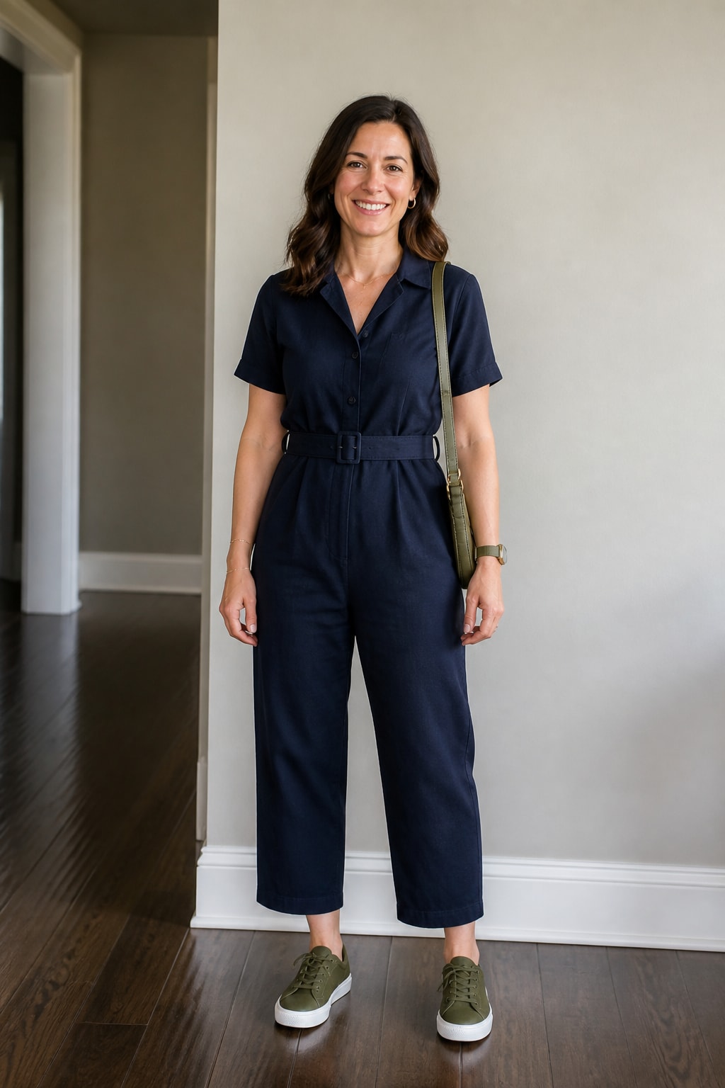 Belted Jumpsuit and Sneakers