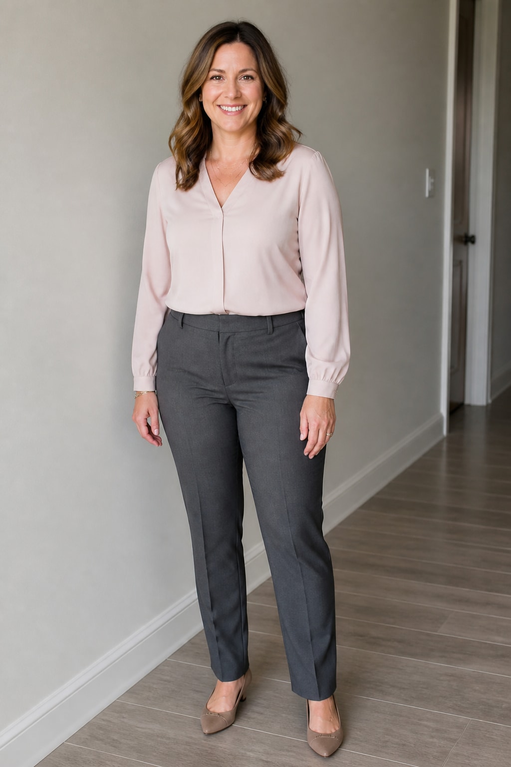 Grey Trousers and Blush Blouse