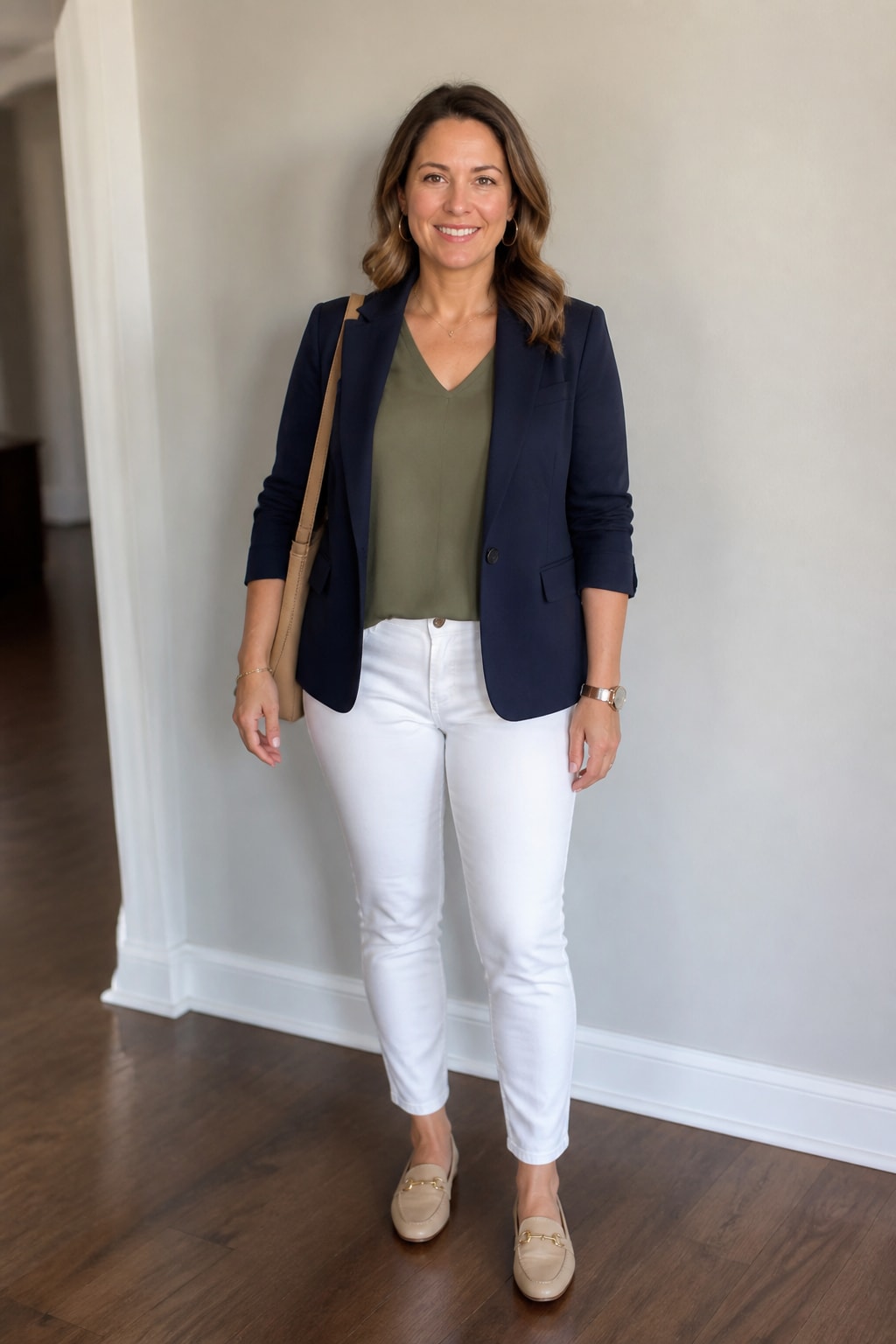 White Jeans and Navy Blazer
