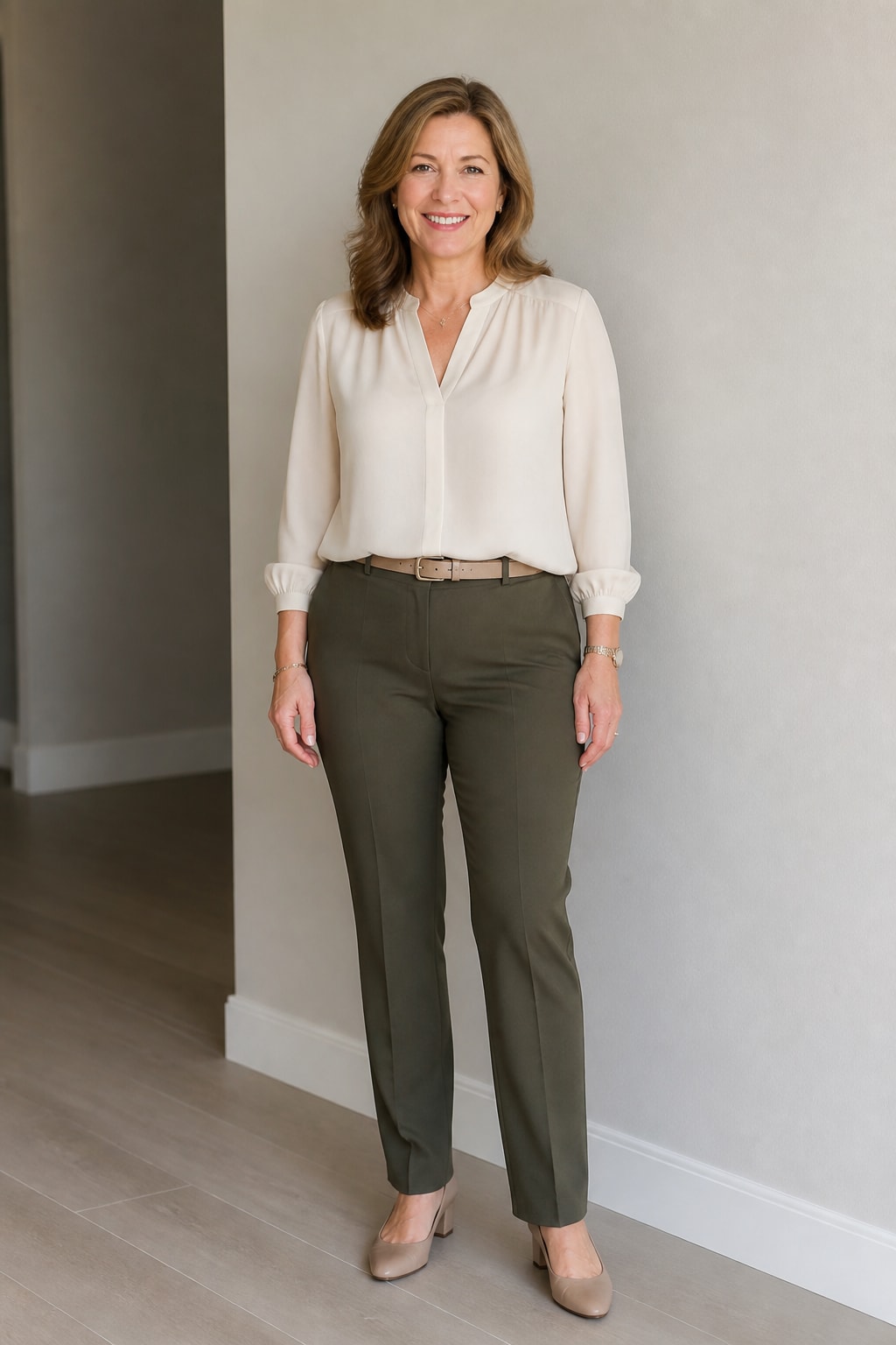 Olive Trousers and Cream Blouse