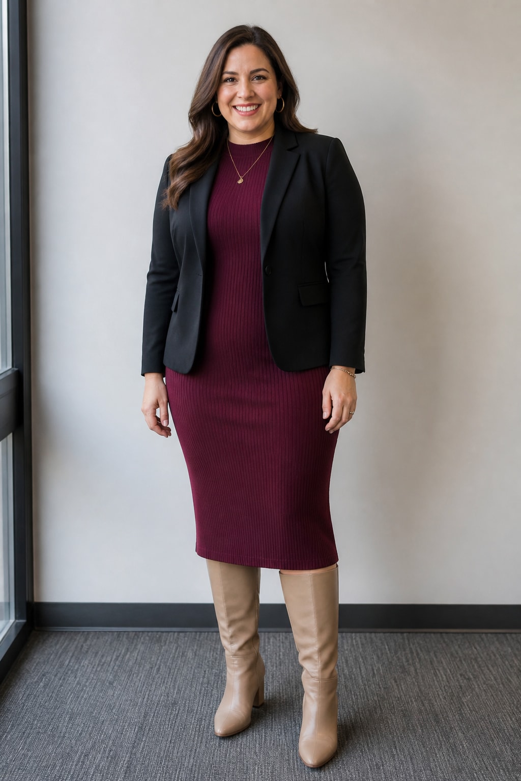 Black Blazer, Knit Dress, and Boots