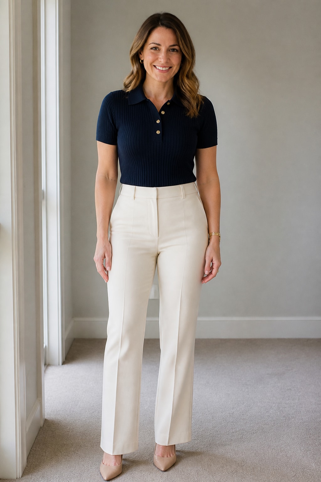 Cream Trousers and Navy Knit Polo