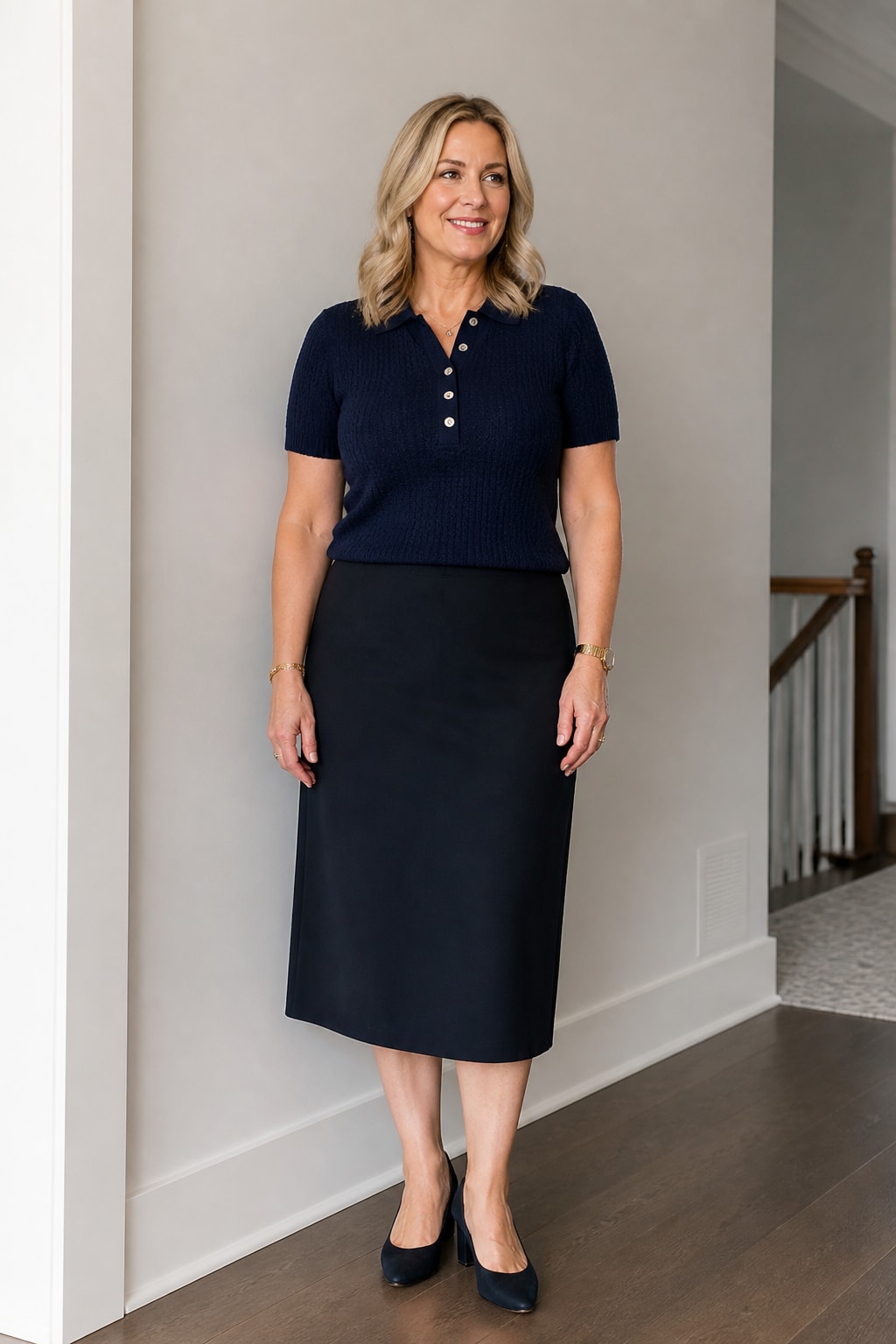 Black Midi Skirt and Knit Polo