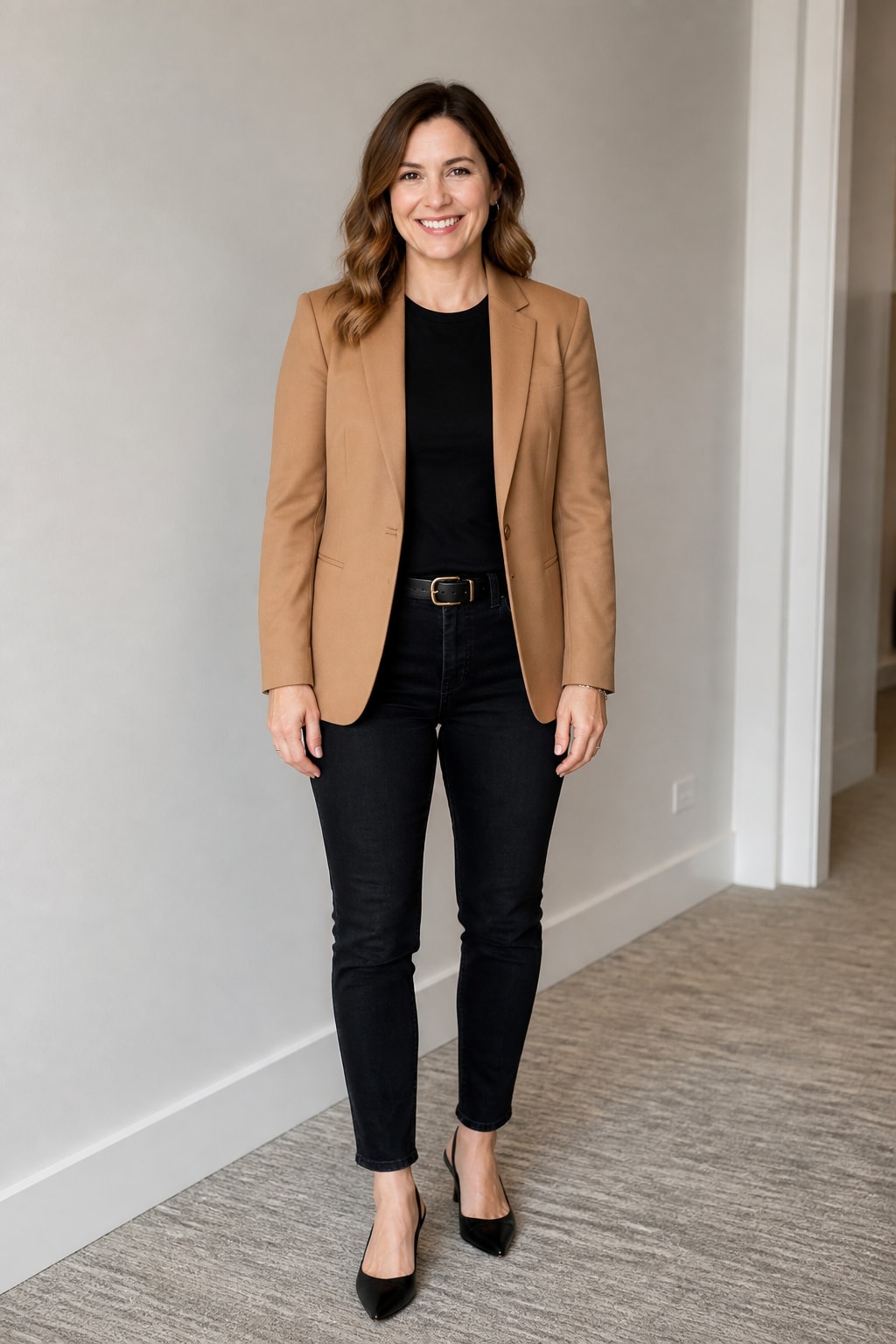 Soft Blazer, Crewneck, and Dark Jeans