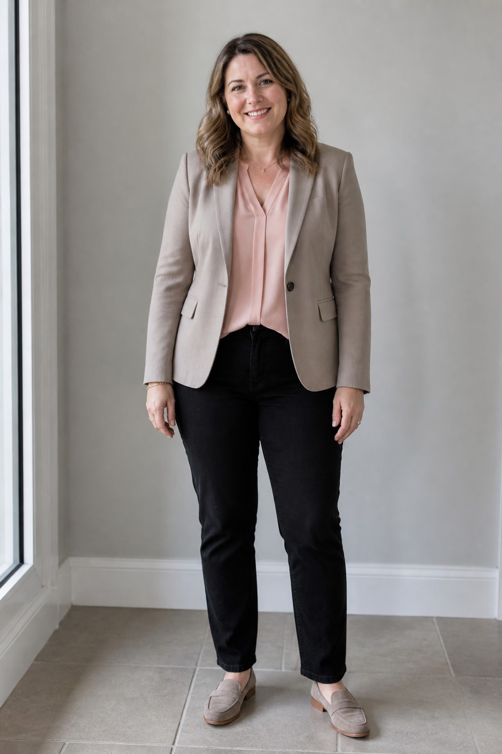 Black Straight Jeans, Blazer, and Loafers