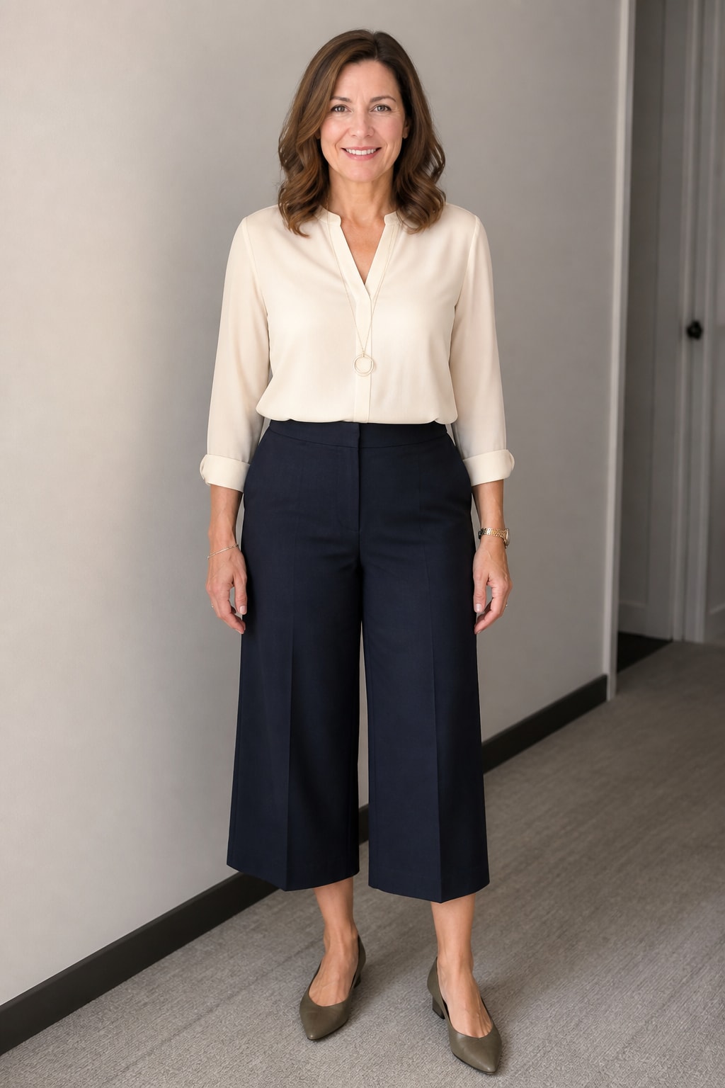 Ivory Blouse, Navy Culottes, and Flats