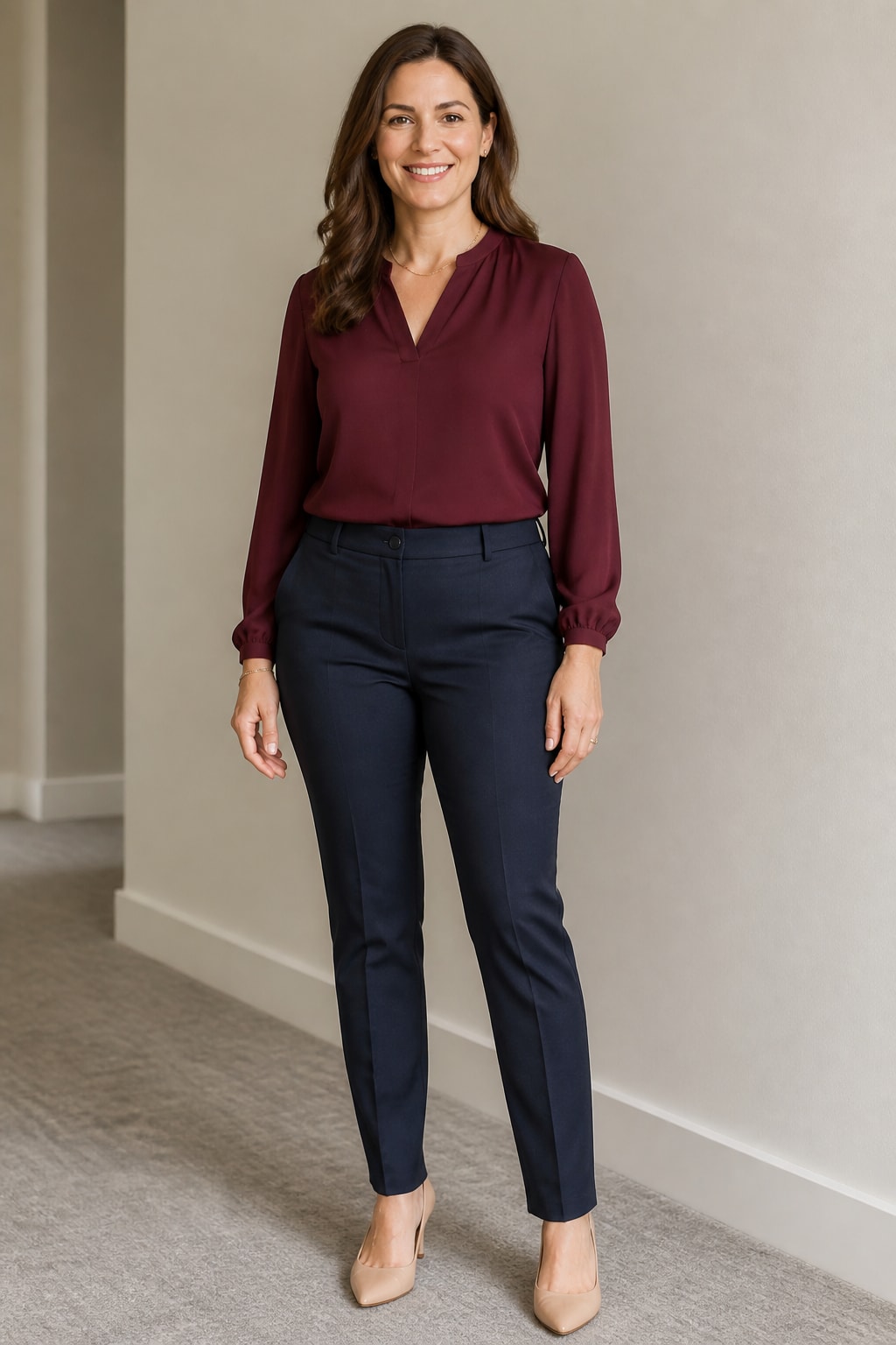 Burgundy Blouse and Navy Trousers
