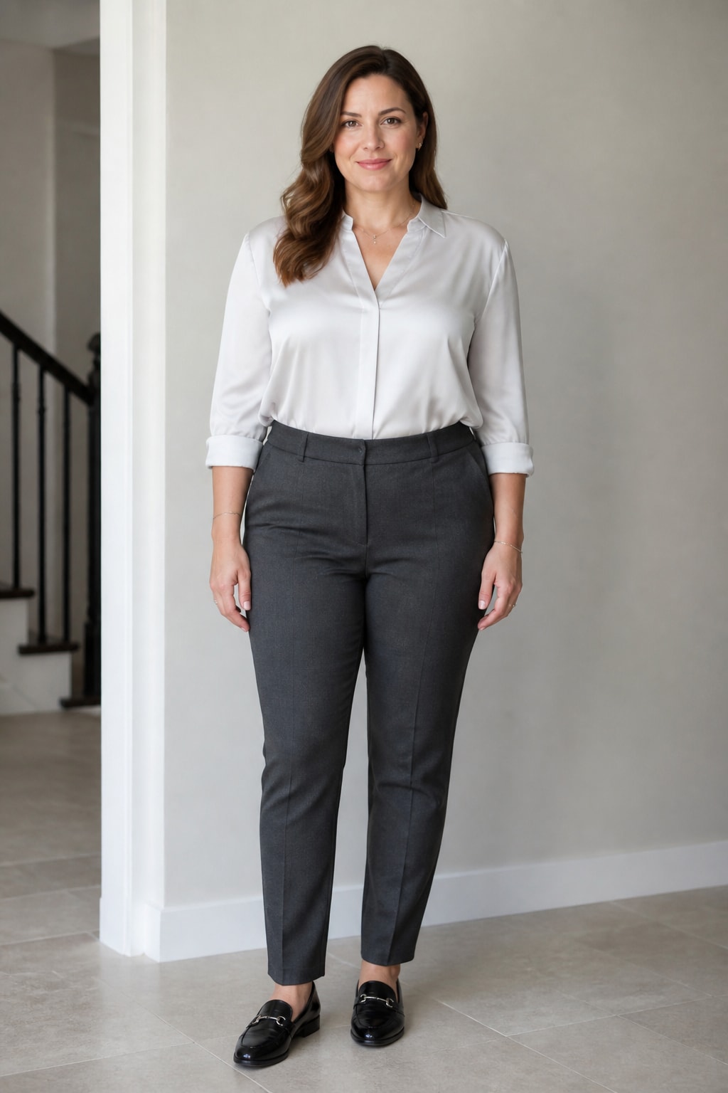 Grey Trousers, Silk Blouse, and Loafers