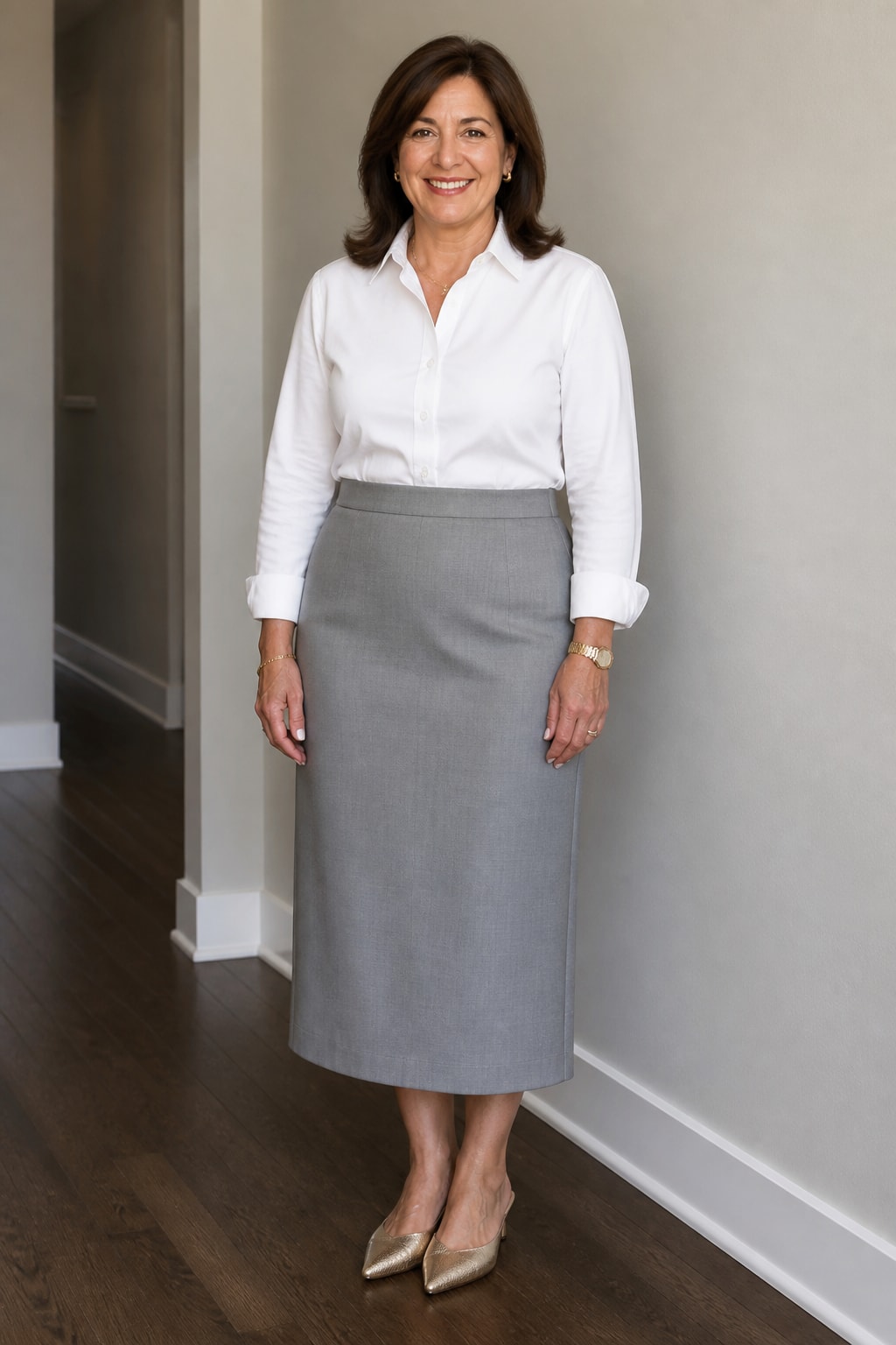 White Oxford, Grey Midi Skirt, and Mules