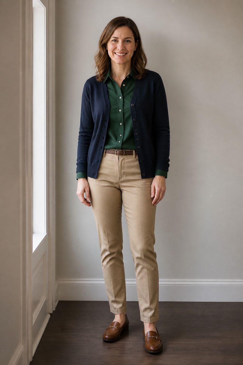 Navy Cardigan, Collared Shirt, and Chinos