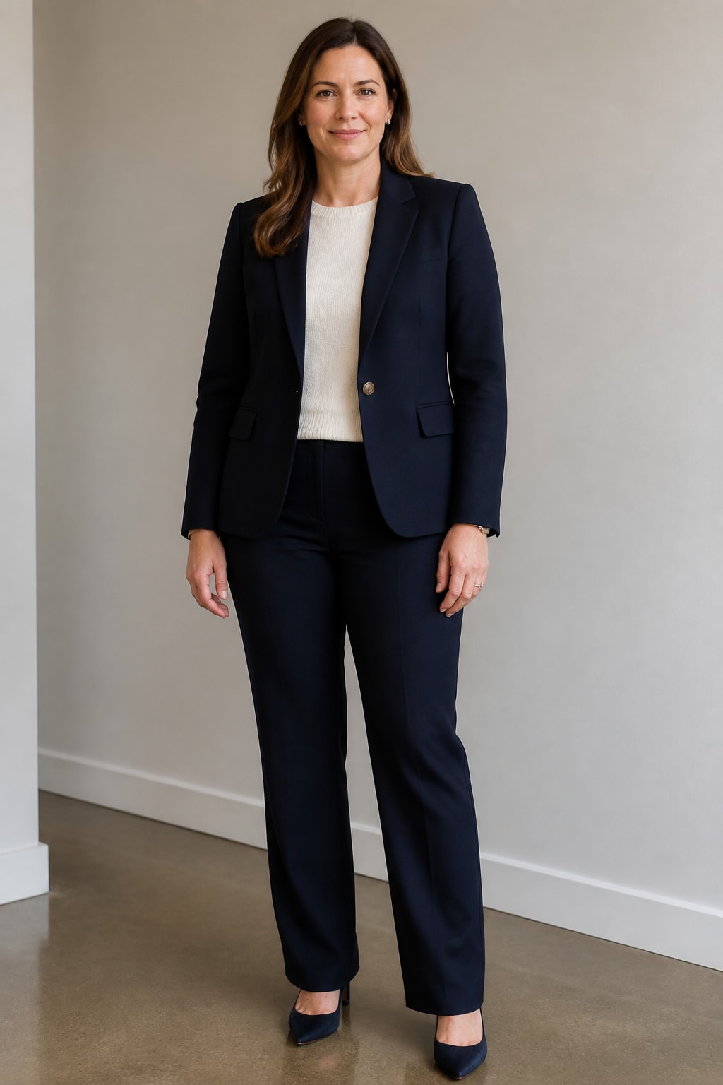 Structured Blazer, Cream Knit, and Trousers