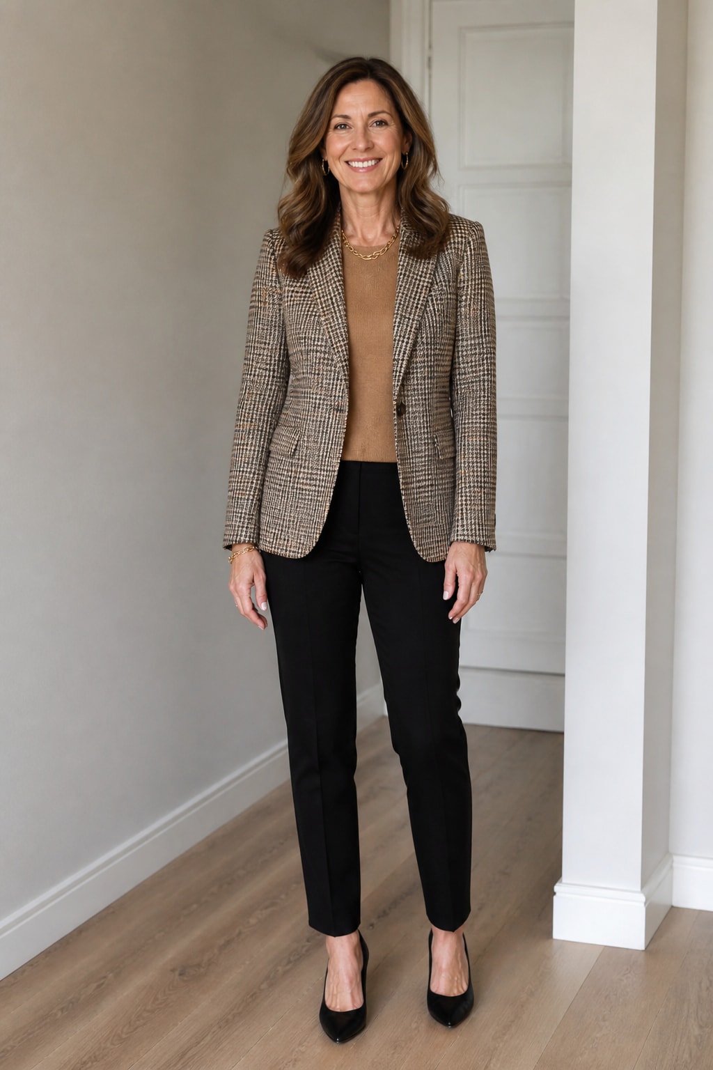 Checked Blazer and Black Trousers